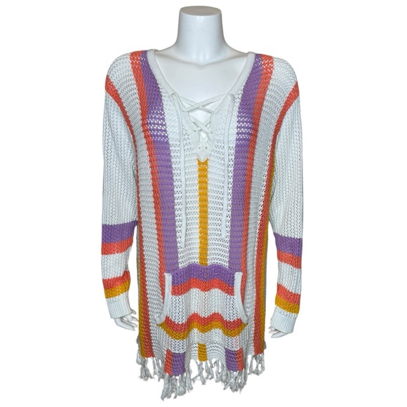 torrid Tops - Torrid Open Stitch Boho Sweater Swim Cover Top Tunic 2X Crochet Fringe Striped